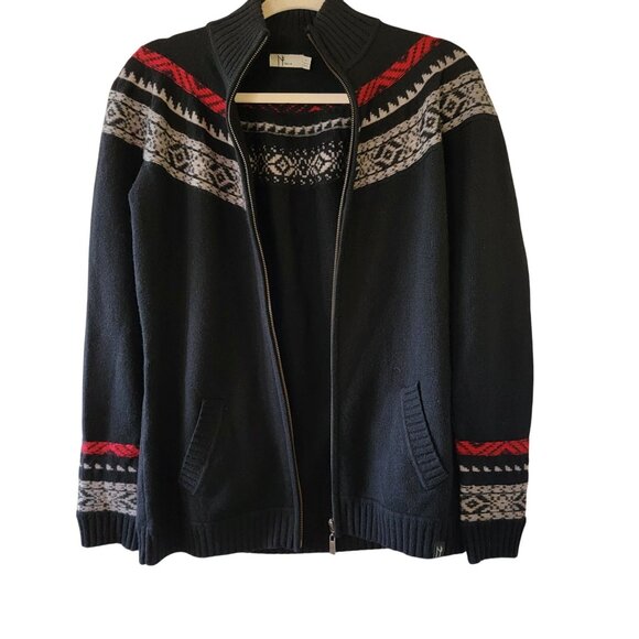 Neve Women's Nordic Wool Blend Full-Zip Sweater Jacket L Black Red Gray Pattern - Picture 3 of 16